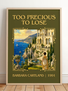 Too Precious To Lose Classic Book Art Print by Barbara Cartland – framed print leaning on a wooden floor