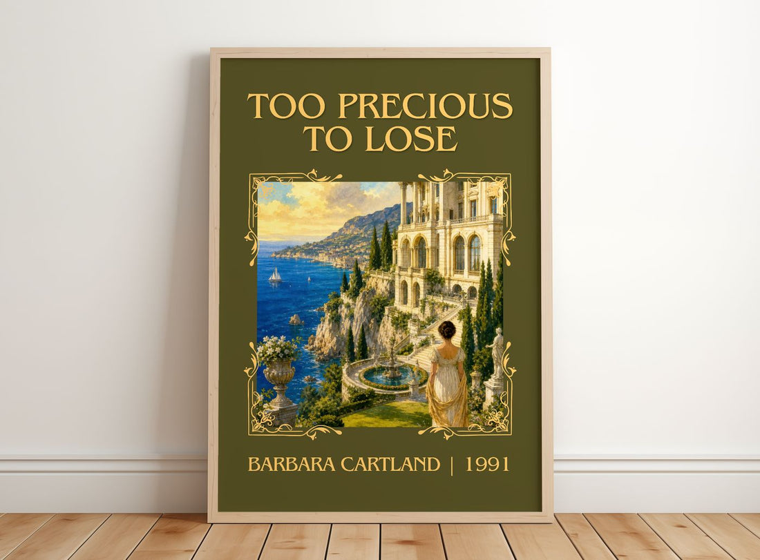 Too Precious To Lose Classic Book Art Print by Barbara Cartland – framed print leaning on a wooden floor