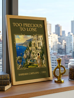 Too Precious To Lose Classic Book Art Print by Barbara Cartland – framed print on a city-view windowsill