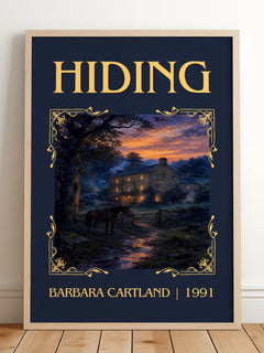Hiding Classic Book Art Print by Barbara Cartland – framed print leaning on a wooden floor