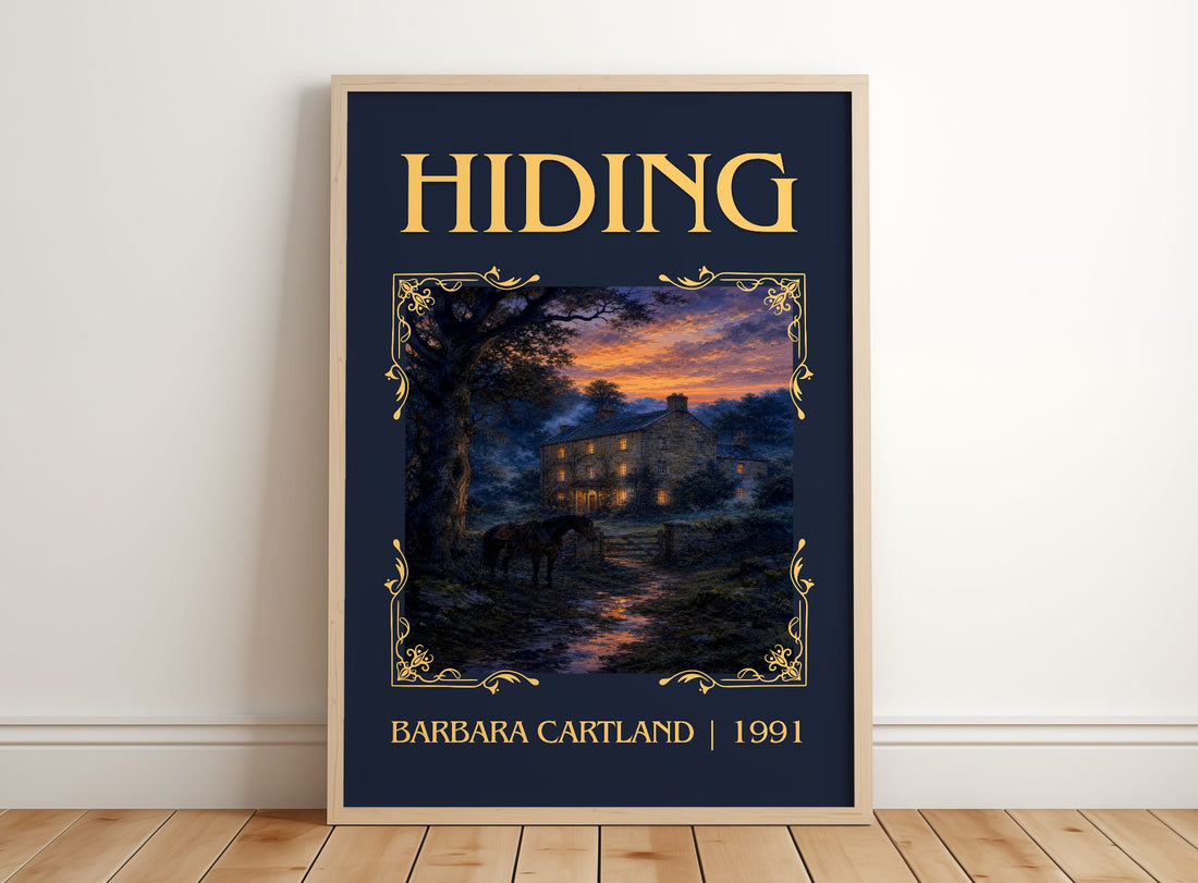 Hiding Classic Book Art Print by Barbara Cartland – framed print leaning on a wooden floor