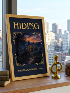 Hiding Classic Book Art Print by Barbara Cartland – framed print on a city-view windowsill