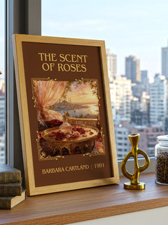The Scent Of Roses Classic Book Art Print by Barbara Cartland – framed print on a city-view windowsill
