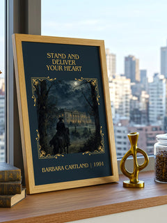 Stand And Deliver Your Heart Classic Book Art Print by B. Cartland – framed print on a city-view windowsill