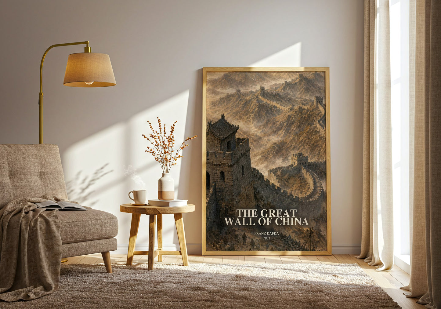 The Great Wall Of China watercolour print in frame leaning in hallway – literary fiction wall art