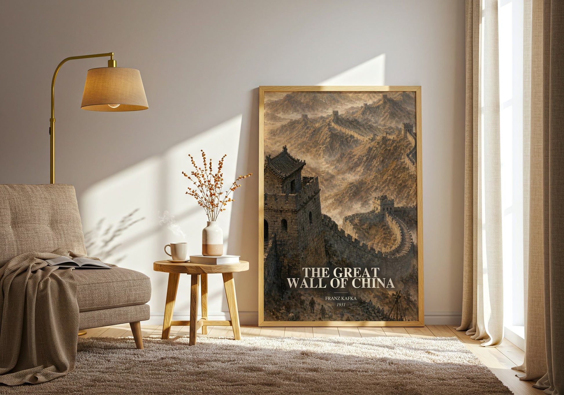 The Great Wall Of China watercolour print in frame leaning in hallway – literary fiction wall art