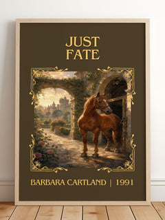 Just Fate Classic Book Art Print by Barbara Cartland – framed print leaning on a wooden floor