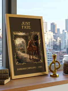 Just Fate Classic Book Art Print by Barbara Cartland – framed print on a city-view windowsill