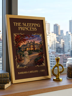 The Sleeping Princess Classic Book Art Print by Barbara Cartland – framed print on a city-view windowsill