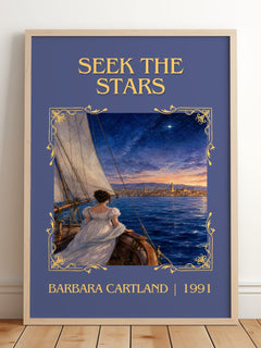 Seek The Stars Classic Book Art Print by Barbara Cartland – framed print leaning on a wooden floor