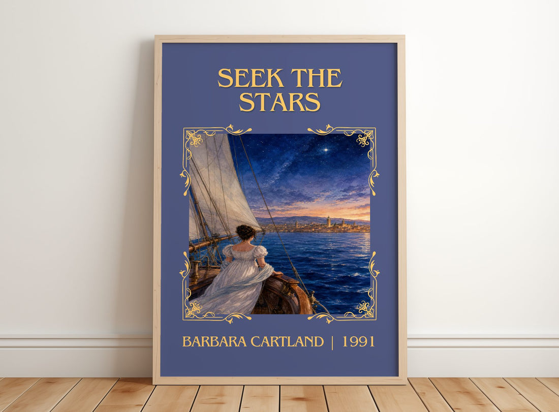 Seek The Stars Classic Book Art Print by Barbara Cartland – framed print leaning on a wooden floor