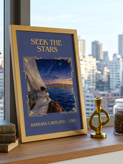 Seek The Stars Classic Book Art Print by Barbara Cartland – framed print on a city-view windowsill