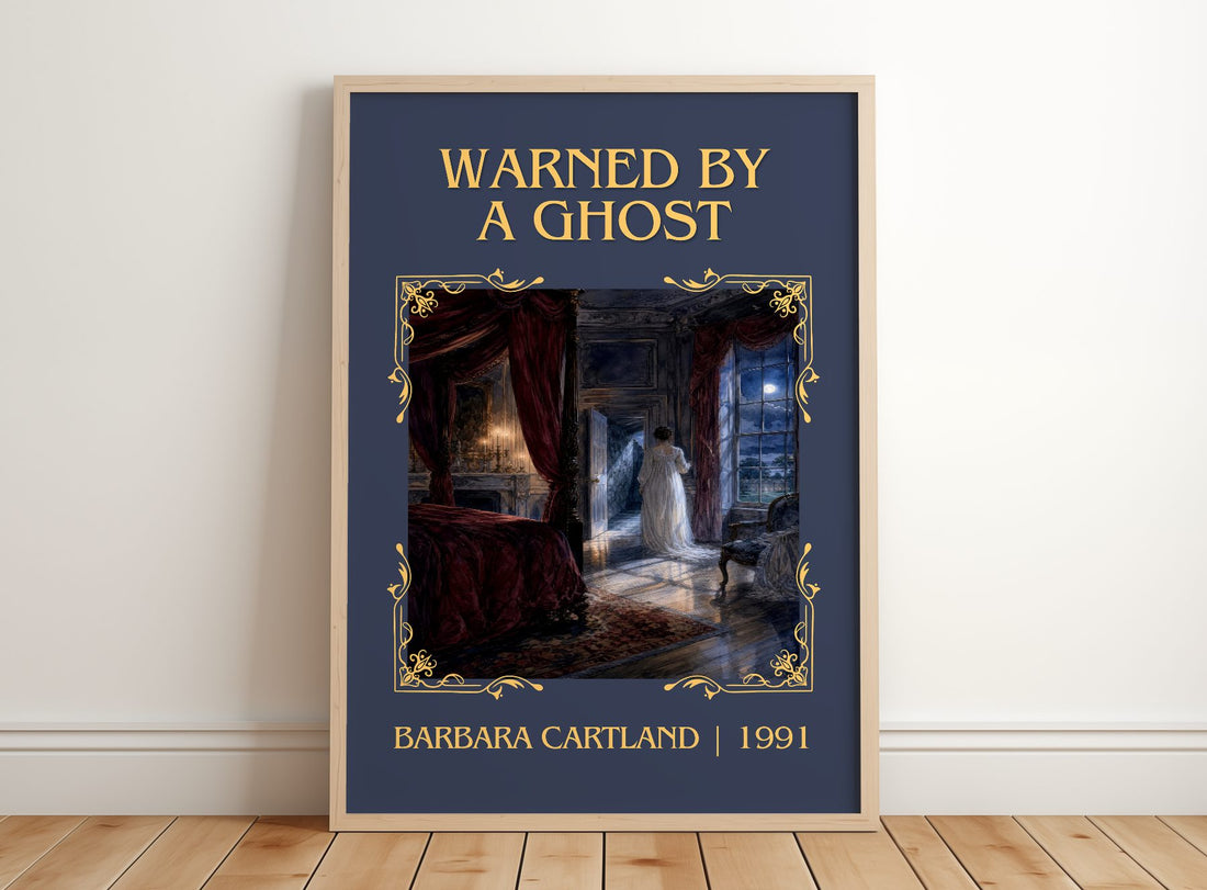 Warned By A Ghost Classic Book Art Print by Barbara Cartland – framed print leaning on a wooden floor