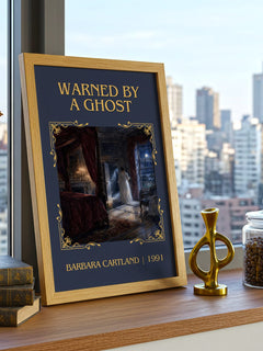 Warned By A Ghost Classic Book Art Print by Barbara Cartland – framed print on a city-view windowsill