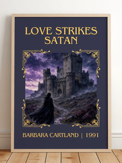 Love Strikes Satan Classic Book Art Print by Barbara Cartland – framed print leaning on a wooden floor