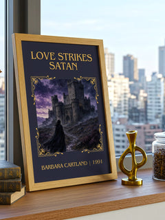 Love Strikes Satan Classic Book Art Print by Barbara Cartland – framed print on a city-view windowsill