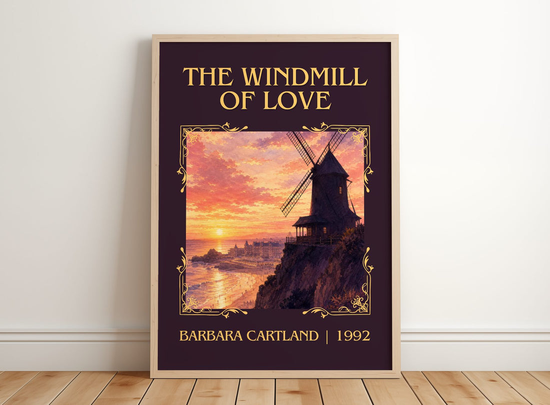 The Windmill Of Love Classic Book Art Print by Barbara Cartland – framed print leaning on a wooden floor