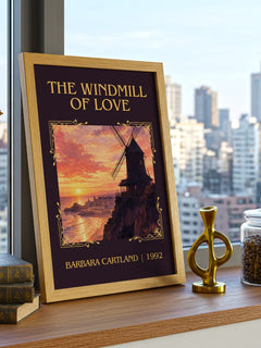 The Windmill Of Love Classic Book Art Print by Barbara Cartland – framed print on a city-view windowsill