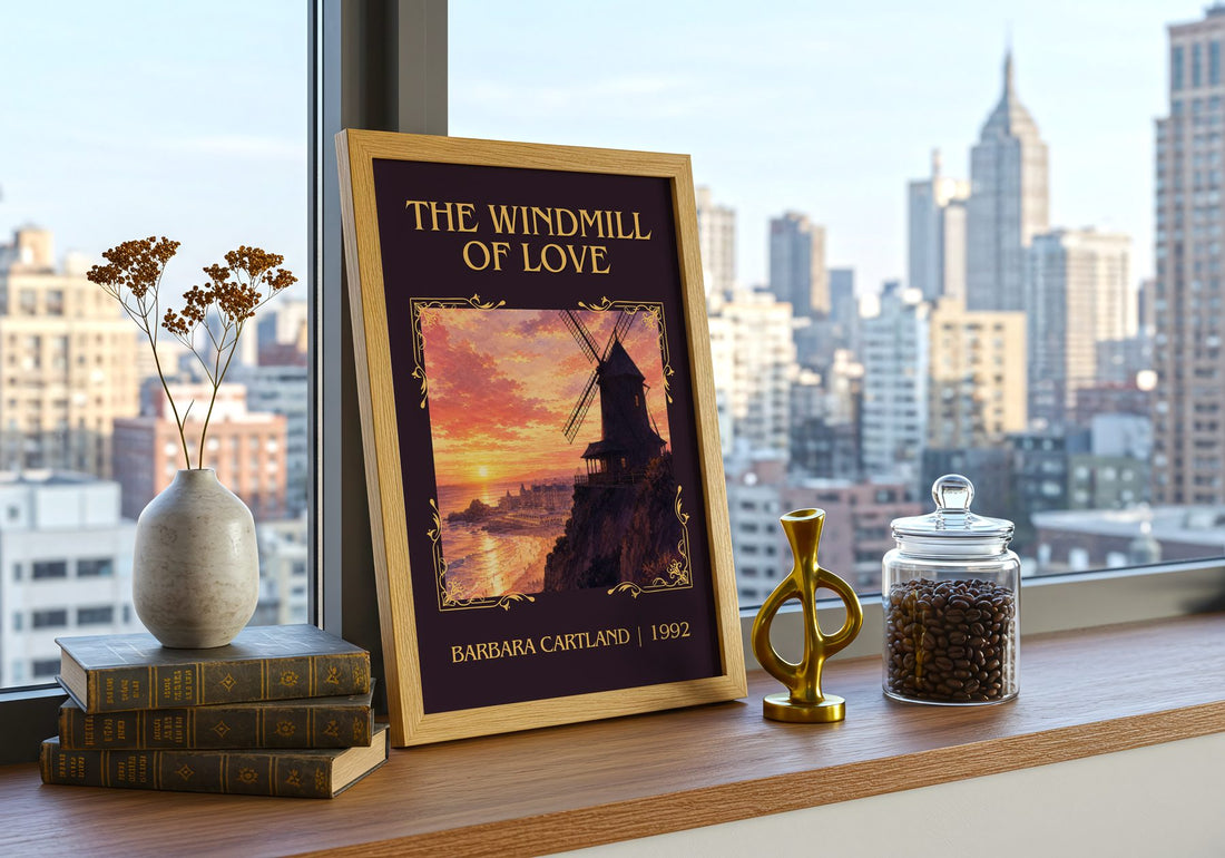 The Windmill Of Love Classic Book Art Print by Barbara Cartland – framed print on a city-view windowsill
