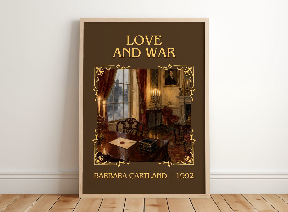 Love And War Classic Book Art Print by Barbara Cartland – framed print leaning on a wooden floor