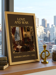 Love And War Classic Book Art Print by Barbara Cartland – framed print on a city-view windowsill