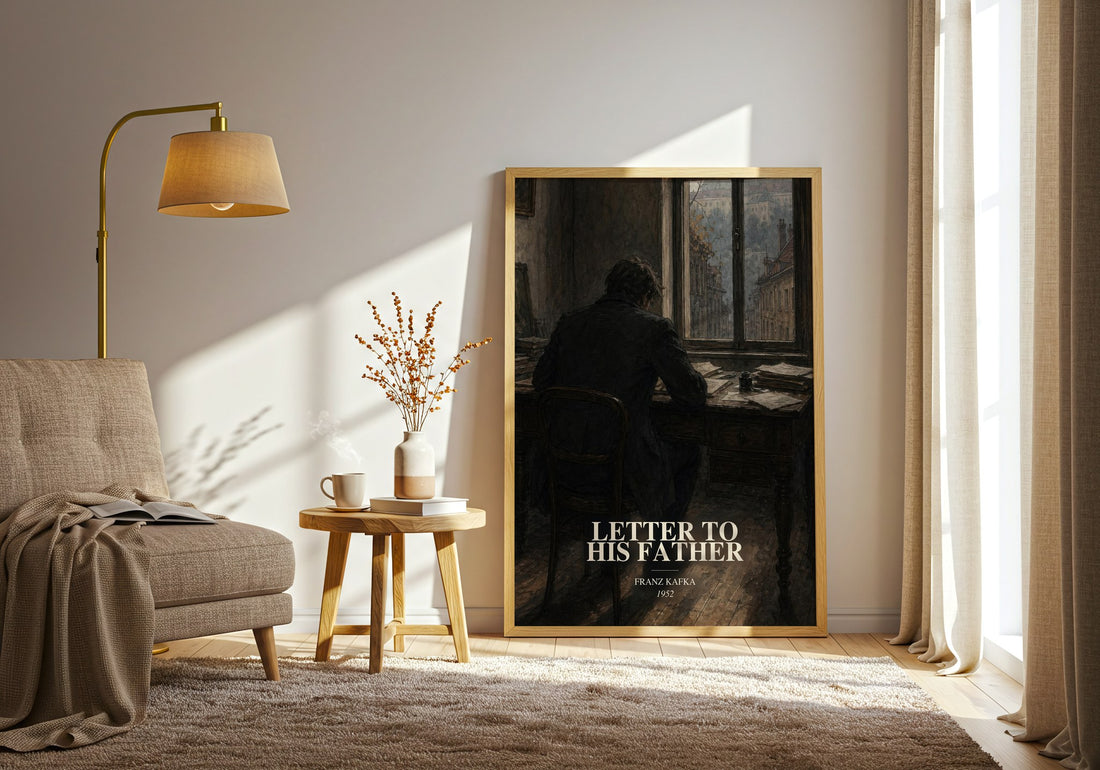 Letter To His Father watercolour print in frame leaning in hallway – memoir wall art (mockup)