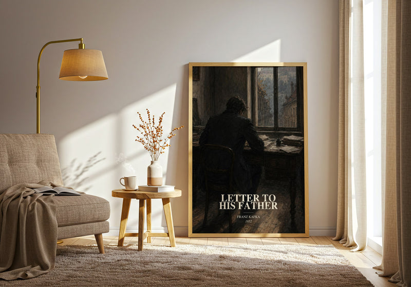 Letter To His Father watercolour print in frame leaning in hallway – memoir wall art