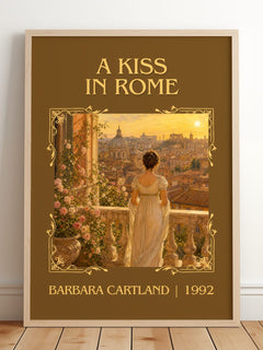 A Kiss In Rome Classic Book Art Print by Barbara Cartland – framed print leaning on a wooden floor