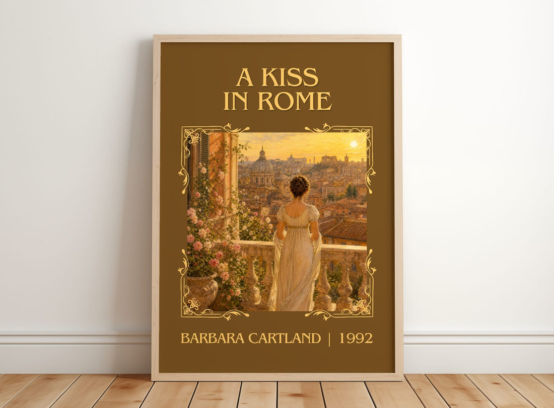 A Kiss In Rome Classic Book Art Print by Barbara Cartland – framed print leaning on a wooden floor