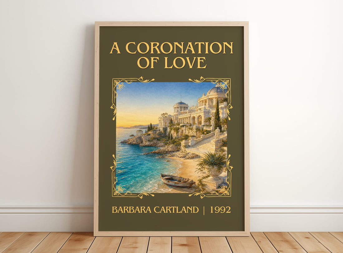 A Coronation Of Love Classic Book Art Print by Barbara Cartland – framed print leaning on a wooden floor
