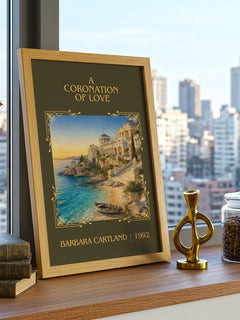 A Coronation Of Love Classic Book Art Print by Barbara Cartland – framed print on a city-view windowsill