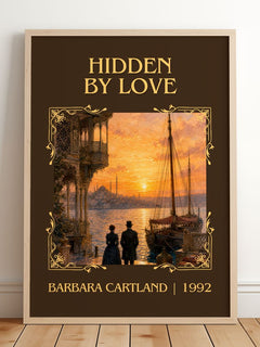 Hidden By Love Classic Book Art Print by Barbara Cartland – framed print leaning on a wooden floor