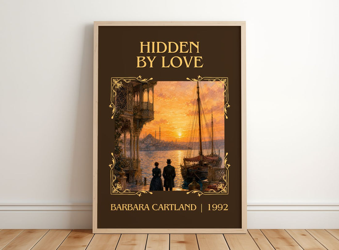 Hidden By Love Classic Book Art Print by Barbara Cartland – framed print leaning on a wooden floor