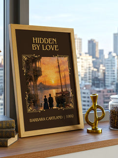 Hidden By Love Classic Book Art Print by Barbara Cartland – framed print on a city-view windowsill