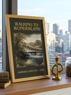 Walking To Wonderland Classic Book Art Print by Barbara Cartland – framed print on a city-view windowsill