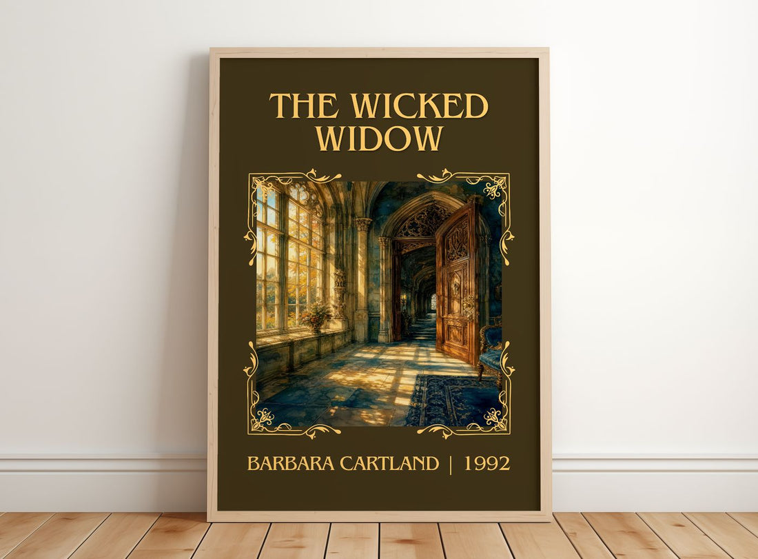 The Wicked Widow Classic Book Art Print by Barbara Cartland – framed print leaning on a wooden floor