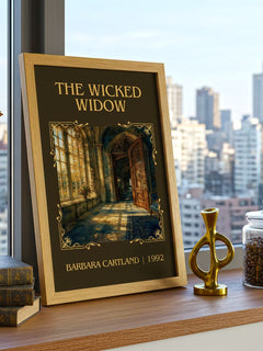 The Wicked Widow Classic Book Art Print by Barbara Cartland – framed print on a city-view windowsill