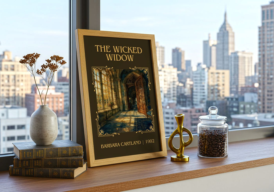 The Wicked Widow Classic Book Art Print by Barbara Cartland – framed print on a city-view windowsill