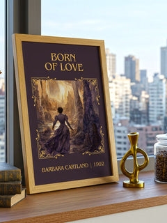 Born Of Love Classic Book Art Print by Barbara Cartland – framed print on a city-view windowsill