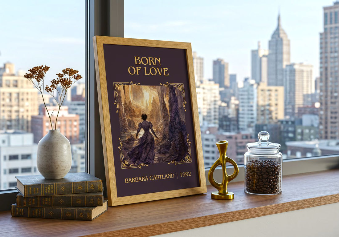 Born Of Love Classic Book Art Print by Barbara Cartland – framed print on a city-view windowsill