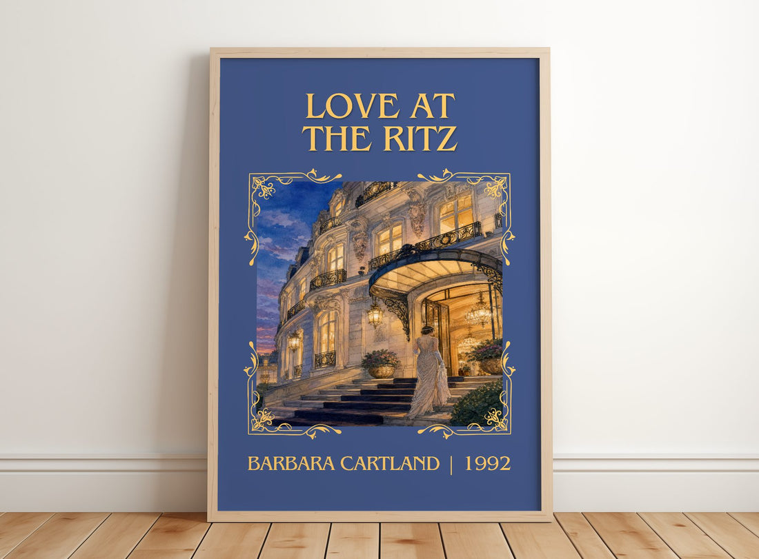 Love At The Ritz Classic Book Art Print by Barbara Cartland – framed print leaning on a wooden floor