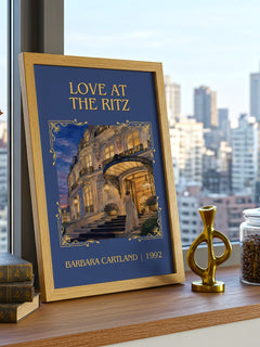 Love At The Ritz Classic Book Art Print by Barbara Cartland – framed print on a city-view windowsill