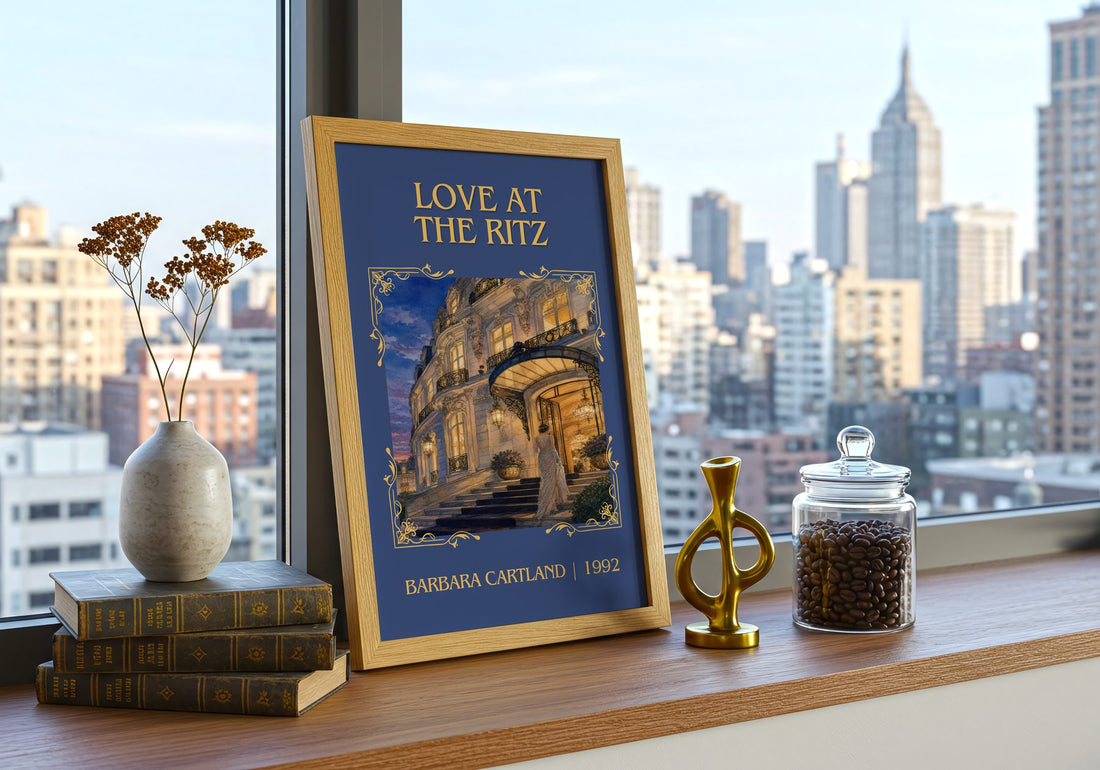 Love At The Ritz Classic Book Art Print by Barbara Cartland – framed print on a city-view windowsill