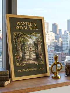 Wanted A Royal Wife Classic Book Art Print by Barbara Cartland – framed print on a city-view windowsill