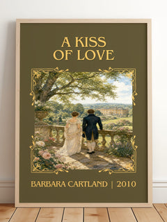 A Kiss Of Love Classic Book Art Print by Barbara Cartland – framed print leaning on a wooden floor