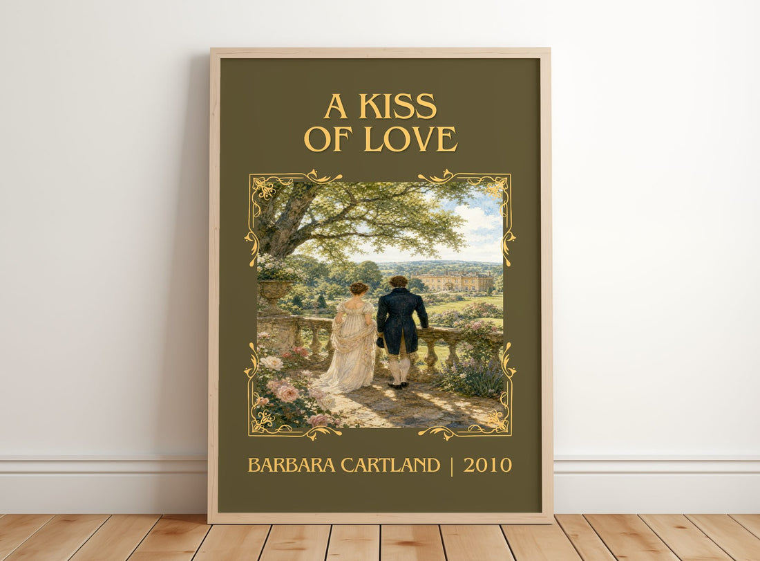 A Kiss Of Love Classic Book Art Print by Barbara Cartland – framed print leaning on a wooden floor