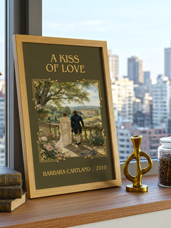 A Kiss Of Love Classic Book Art Print by Barbara Cartland – framed print on a city-view windowsill