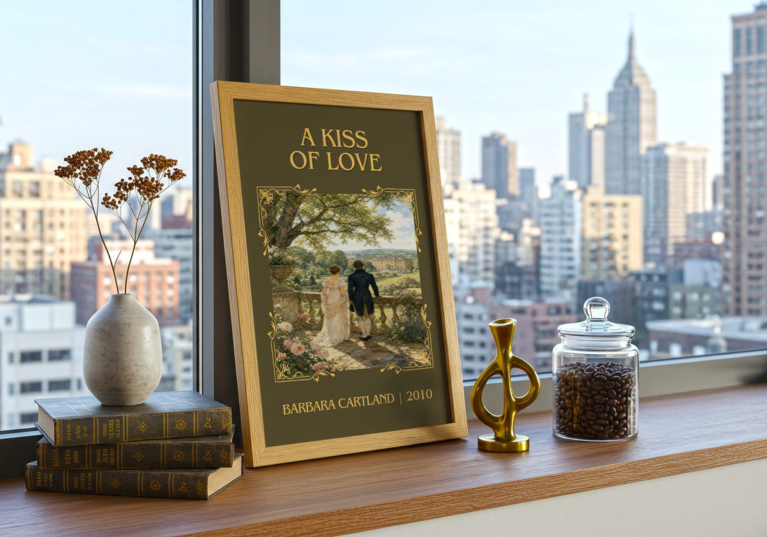 A Kiss Of Love Classic Book Art Print by Barbara Cartland – framed print on a city-view windowsill