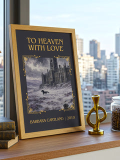 To Heaven With Love Classic Book Art Print by Barbara Cartland – framed print on a city-view windowsill