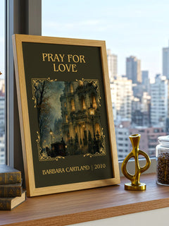 Pray For Love Classic Book Art Print by Barbara Cartland – framed print on a city-view windowsill